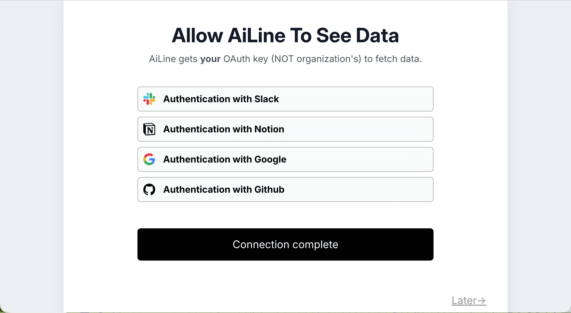 AiLine OAuth connection page with Slack, Notion, Google, and GitHub