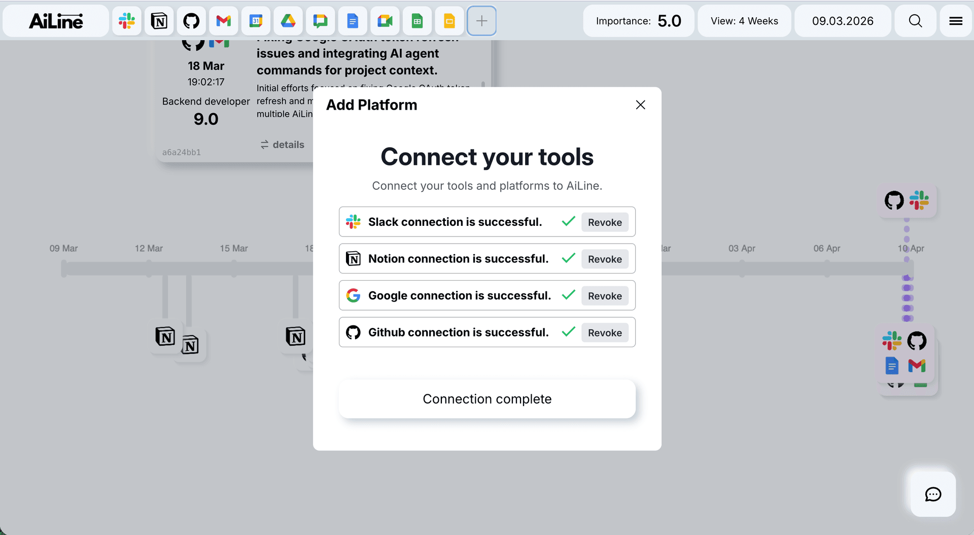 AiLine Add Platform dialog showing connected tools